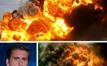 news anchor beside satellite imagery of massive fiery explosion with red arrow pointing