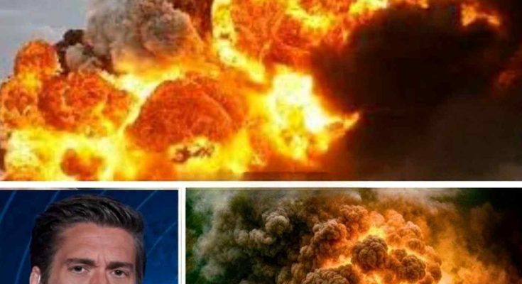 news anchor beside satellite imagery of massive fiery explosion with red arrow pointing