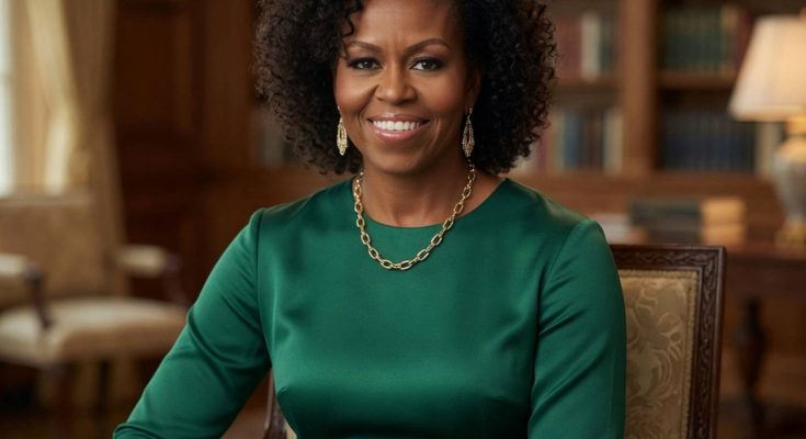 michelle Obama seated in elegant green dress with gold jewelry in stately wood-paneled