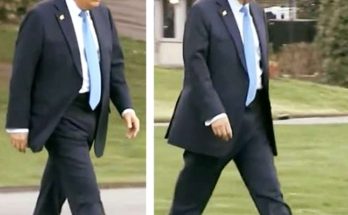 donald Trump walking outdoors in navy suit and light blue tie, shown in two side-by-side