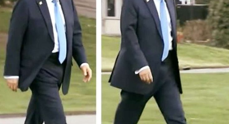 donald Trump walking outdoors in navy suit and light blue tie, shown in two side-by-side