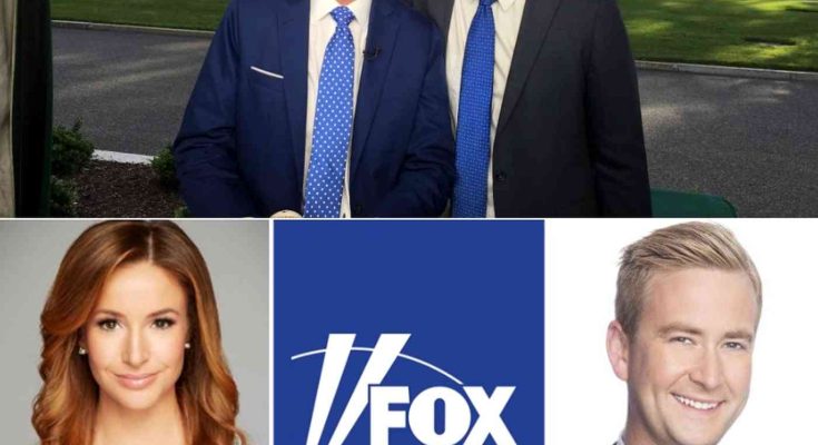 steve Doocy and Peter Doocy pose outside White House above Fox News Channel logo with