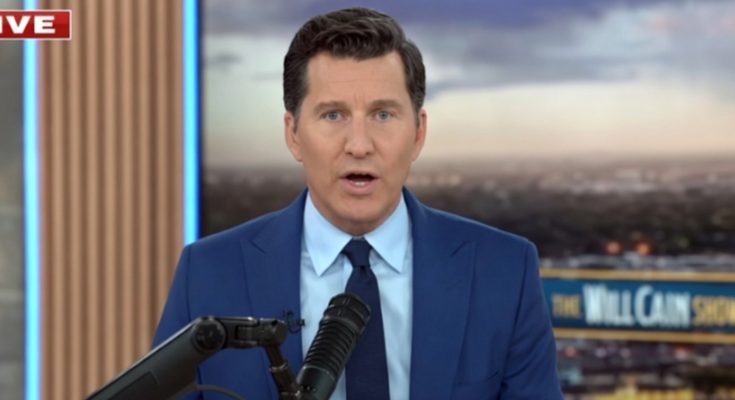 will Cain speaking into microphone during live broadcast of The Will Cain Show