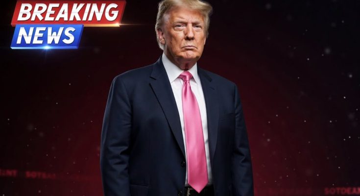 donald Trump in navy suit and pink tie with Breaking News graphic overlay
