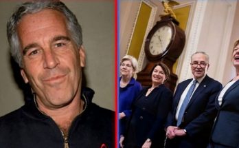jeffrey Epstein portrait beside group of smiling politicians in formal attire near a