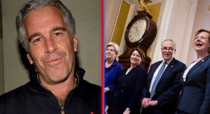 jeffrey Epstein portrait beside group of smiling politicians in formal attire near a