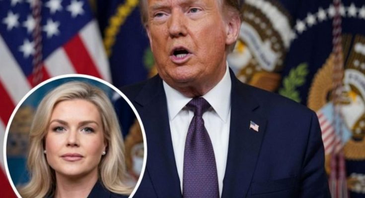 donald Trump speaking at podium with American flag and presidential seal behind him