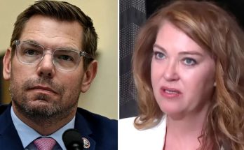 split-screen image showing Congressman Eric Swalwell in a navy suit with congressional