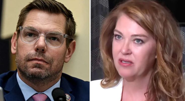 split-screen image showing Congressman Eric Swalwell in a navy suit with congressional