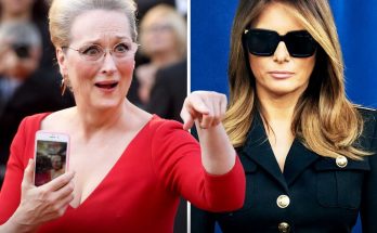 meryl Streep reacts with surprise holding phone beside Melania Trump pointing in