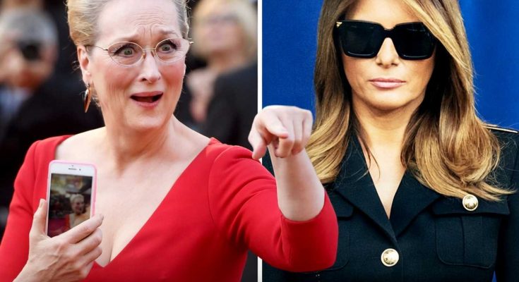 meryl Streep reacts with surprise holding phone beside Melania Trump pointing in