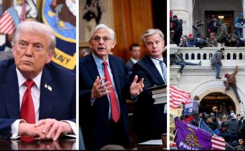 donald Trump sits at desk, Merrick Garland speaks at podium, Capitol rioters climb