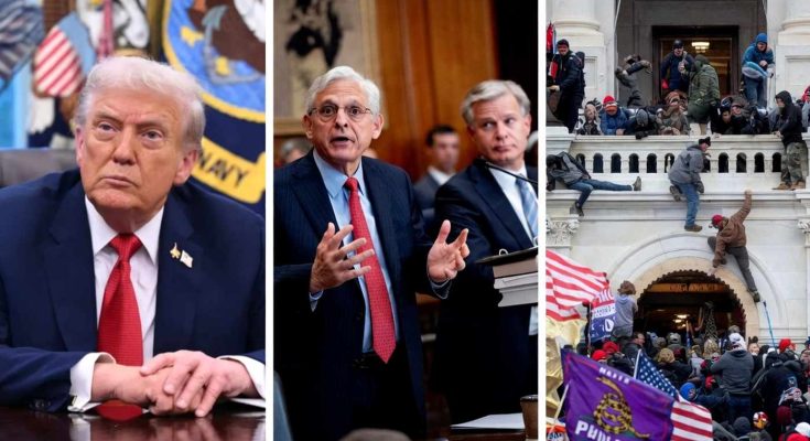 donald Trump sits at desk, Merrick Garland speaks at podium, Capitol rioters climb