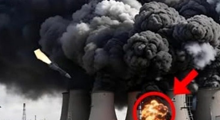 industrial cooling towers billowing black smoke with missile impact and explosion circled