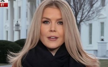 news reporter with platinum blonde hair delivering live report outside the White House