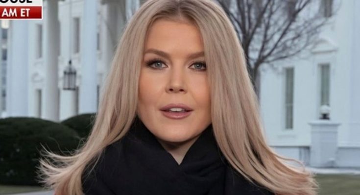 news reporter with platinum blonde hair delivering live report outside the White House