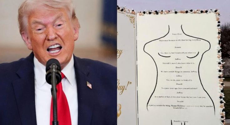 donald Trump speaking at podium beside birthday card shaped like dress form with
