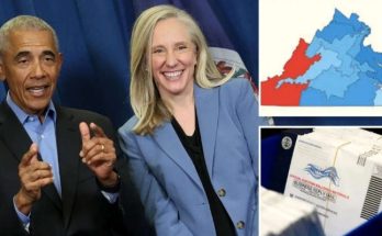 barack Obama gestures beside smiling woman in blue blazer, Virginia district map and mail