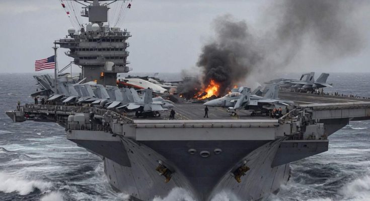 USS George H.W. Bush aircraft carrier on rough seas with visible fire and smoke eruptingv