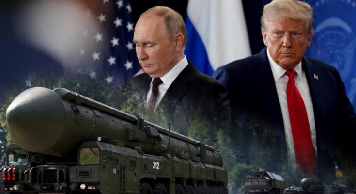 vladimir Putin and Donald Trump with Russian nuclear missile launcher marked 312 and