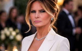 melania Trump wearing cream blazer and diamond jewelry at elegant evening event