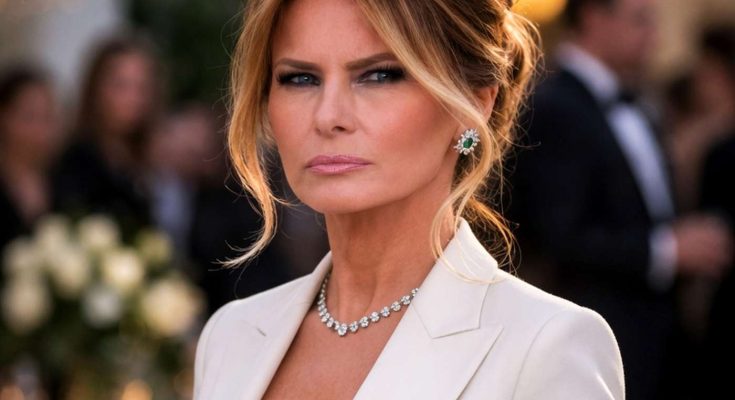 melania Trump wearing cream blazer and diamond jewelry at elegant evening event