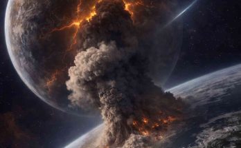 massive volcanic eruption on Earth viewed from space with giant cracked planet looming