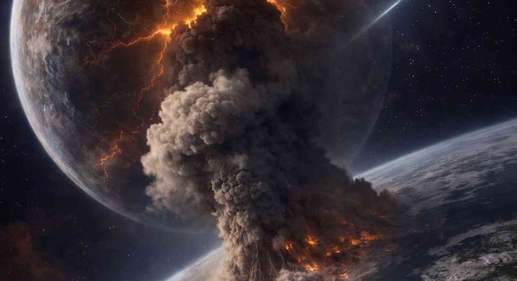 massive volcanic eruption on Earth viewed from space with giant cracked planet looming