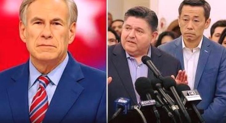 texas Governor Greg Abbott in blue suit and red striped tie beside two men at press