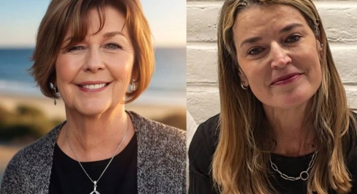 two women side by side, one by ocean, one against white brick wall, both smiling