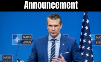 defense Secretary Pete Hegseth speaks at NATO podium with American flag behind him