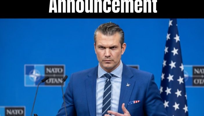 defense Secretary Pete Hegseth speaks at NATO podium with American flag behind him