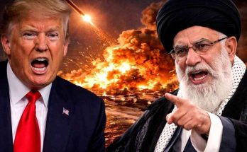 donald Trump and Ayatollah Khamenei facing each other with missile explosion and fiery