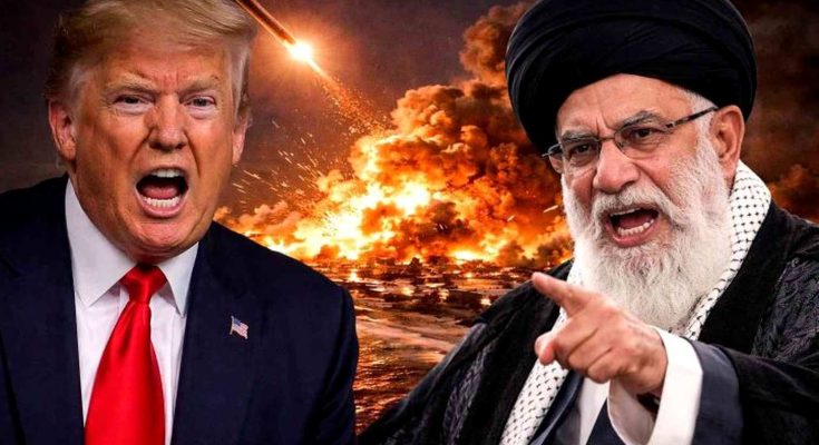 donald Trump and Ayatollah Khamenei facing each other with missile explosion and fiery