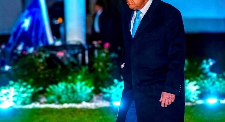 donald Trump walking across lawn at night in dark overcoat with blue tie, European Union