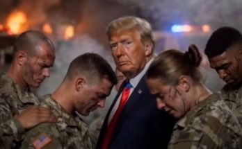 donald Trump stands solemnly among four battle-worn soldiers with smoke and fire glowing