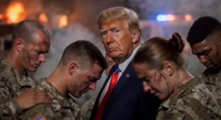 donald Trump stands solemnly among four battle-worn soldiers with smoke and fire glowing