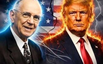 split American flag with blue energy surrounding elder statesman and fiery lightning