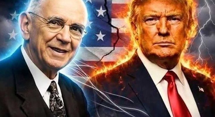 split American flag with blue energy surrounding elder statesman and fiery lightning