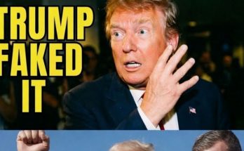 donald Trump with surprised expression and hand near face, bold yellow text reads TRUMP