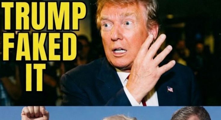 donald Trump with surprised expression and hand near face, bold yellow text reads TRUMP