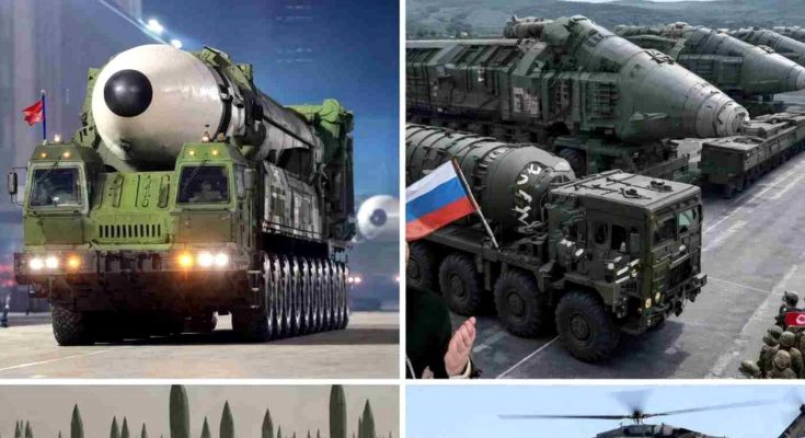 collage showing North Korean and Russian military hardware including missile launchers