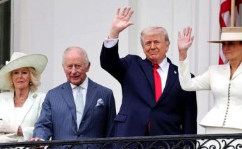 king Charles III and Queen Camilla stand with Donald Trump and Melania Trump waving from