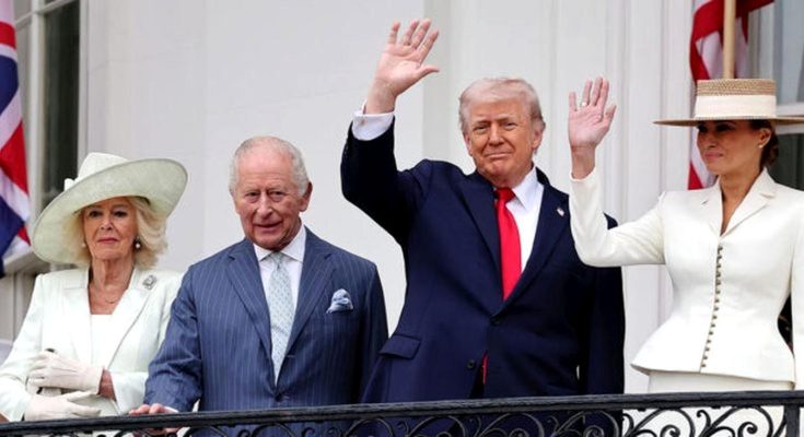 king Charles III and Queen Camilla stand with Donald Trump and Melania Trump waving from