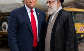 donald Trump in navy suit and red tie stands beside Iranian cleric in black turban and