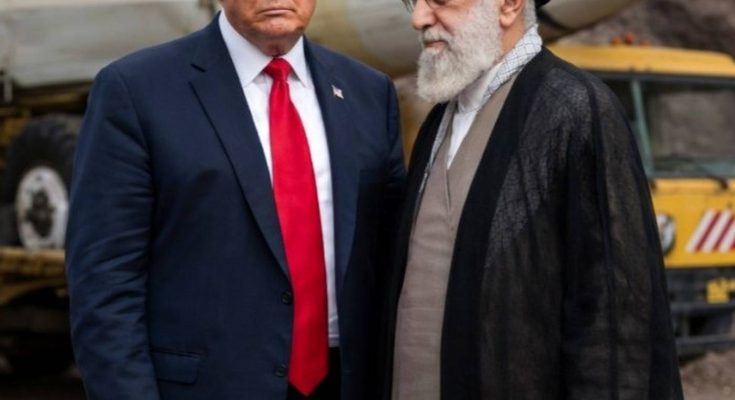 donald Trump in navy suit and red tie stands beside Iranian cleric in black turban and