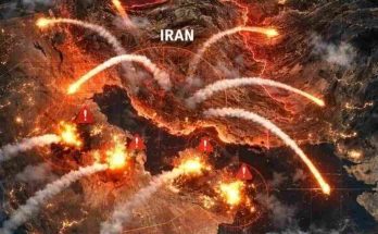 satellite view of Iran with missile trajectories, explosions, and red warning markers