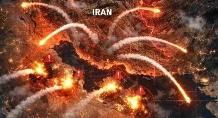satellite view of Iran with missile trajectories, explosions, and red warning markers