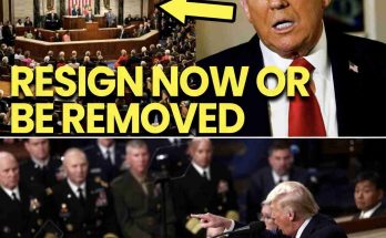 donald Trump shown beside Capitol chamber with bold yellow text reading 'RESIGN NOW OR BE