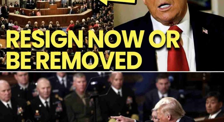 donald Trump shown beside Capitol chamber with bold yellow text reading 'RESIGN NOW OR BE